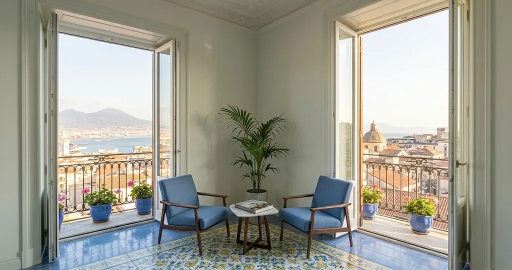 Interno luminoso a Napoli con pavimento in maiolica e vista sul Vesuvio dal balcone