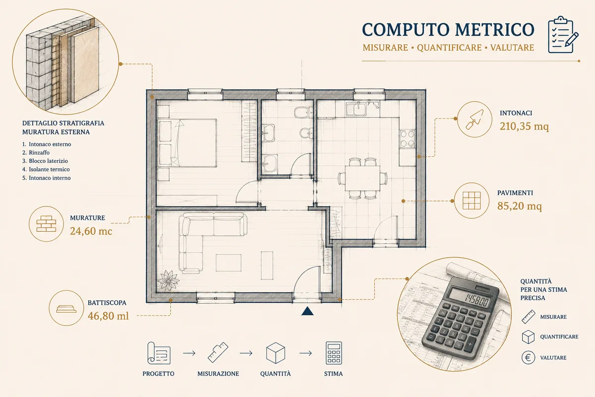 Architetto che redige un computo metrico estimativo dettagliato analizzando i costi di cantiere