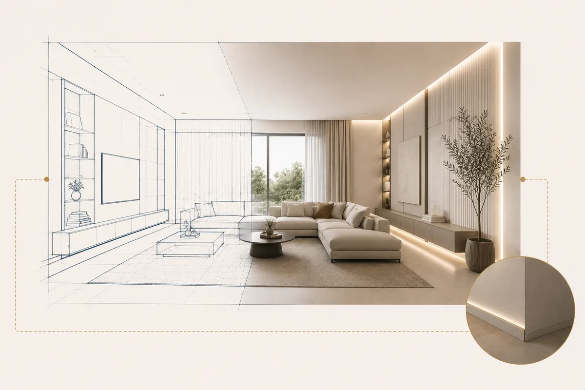 Dettaglio di un interno minimalista con porte rasomuro, illuminazione integrata e finiture di pregio