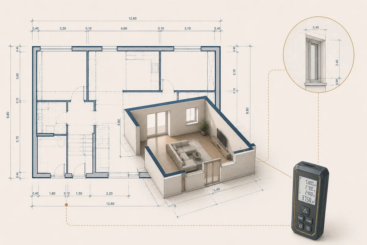 Architetto intento a eseguire un rilievo metrico di precisione all'interno di un immobile a Napoli